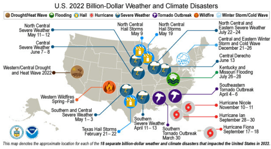 A map looking at the disasters for the US