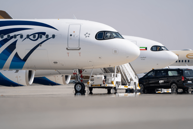 This image shows Airbus airplanes at display during the Dubai Airshow.