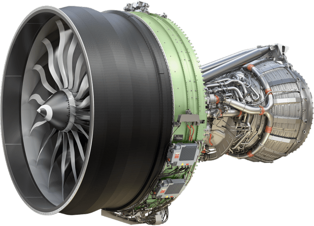 This image shows the GE9x airplane engine or turbofan used on the Boeing 777X.